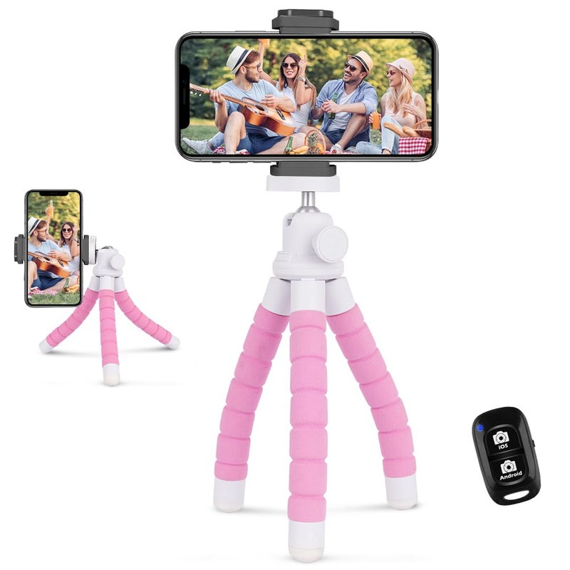 Ubeesize Portable Tripod Stand with Wireless Remote & Clip, Flexible Phone Holder for Video Recording (Pink) - Image 1